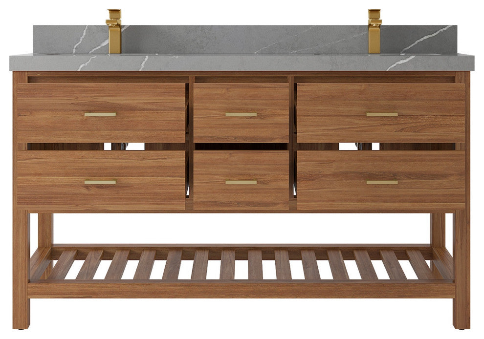 Parker Teak 60" Double Sink Vanity, Golden Teak, 2" Piatra Gray Quartz