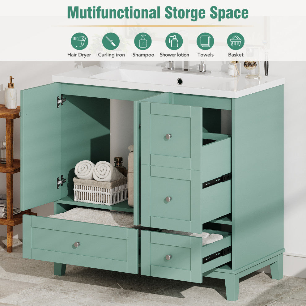 36" Freestanding Bath Vanity Set, Integrated Resin Sink, Green