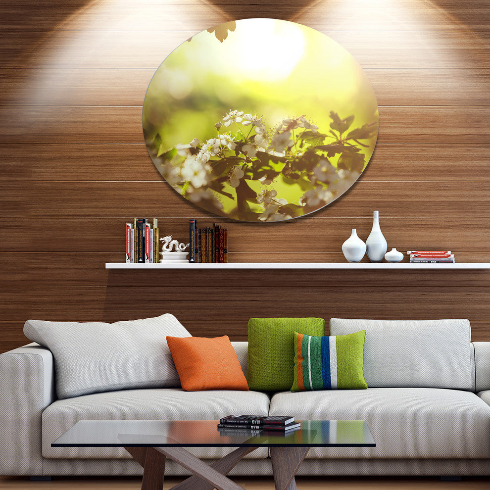 Blossom Cherry On Green Background, Modern Flower Round Wall Art, 23"