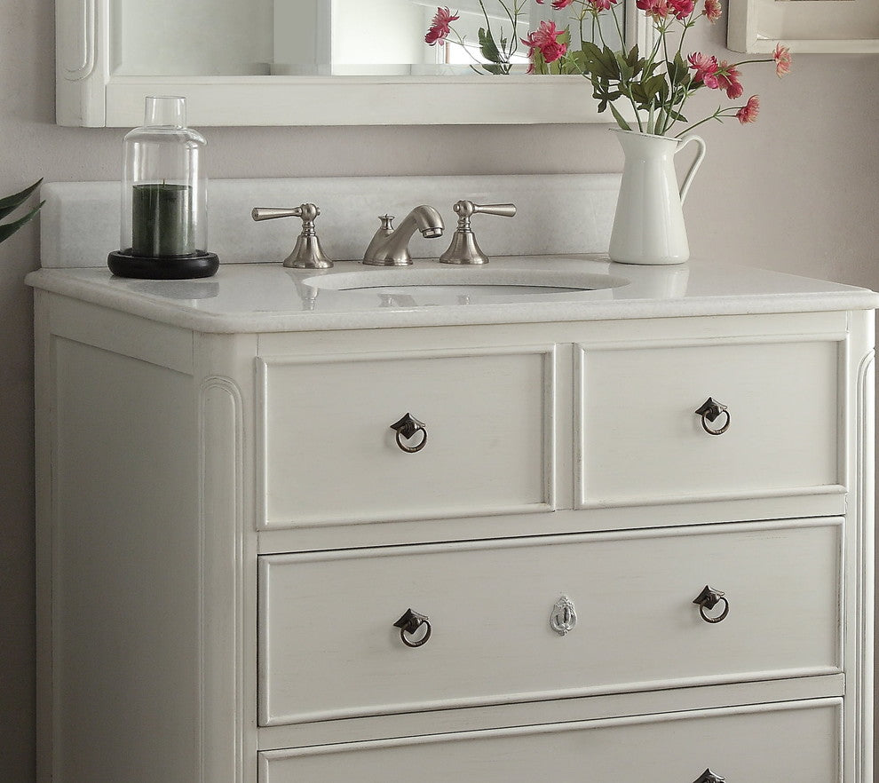 34 Inch Distressed Antique White Daleville Cottage Style Bathroom Sink Vanity, Antique White, 34''