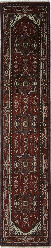 Hand-Knotted Red Heriz Serapi Floral Oriental Wool Rug, 3'x12'