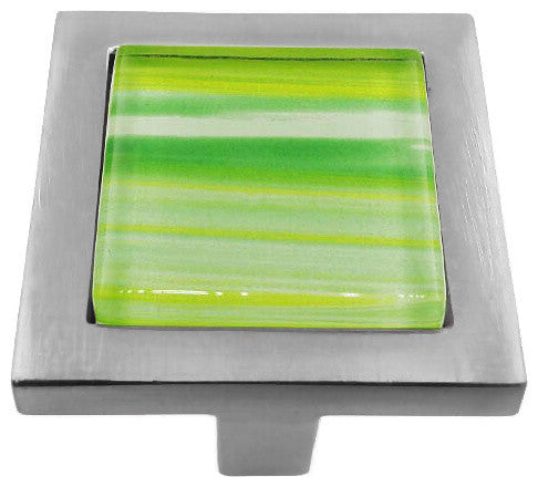 Hand Brushed Yellow Green Stripes Crystal Glass Brushed Nickel Square Manor Knob