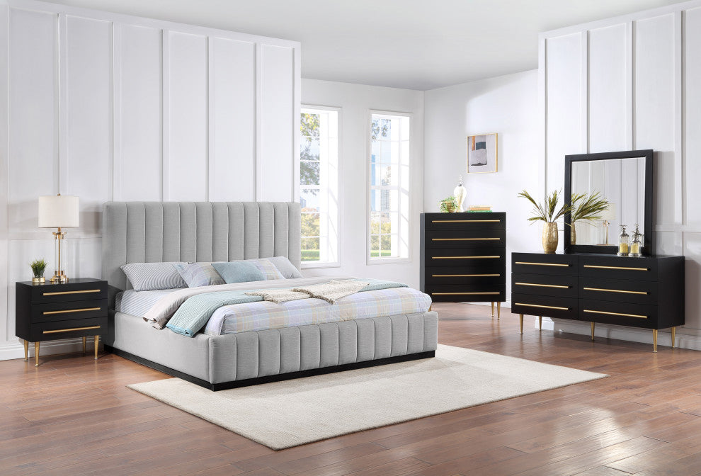 Lucia Beige Linen Textured Fabric Full Bed, Gray, King, Black Finish