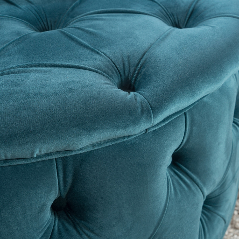 GDF Studio Maelyn Modern Glam Tufted Velvet Round Ottoman, Teal