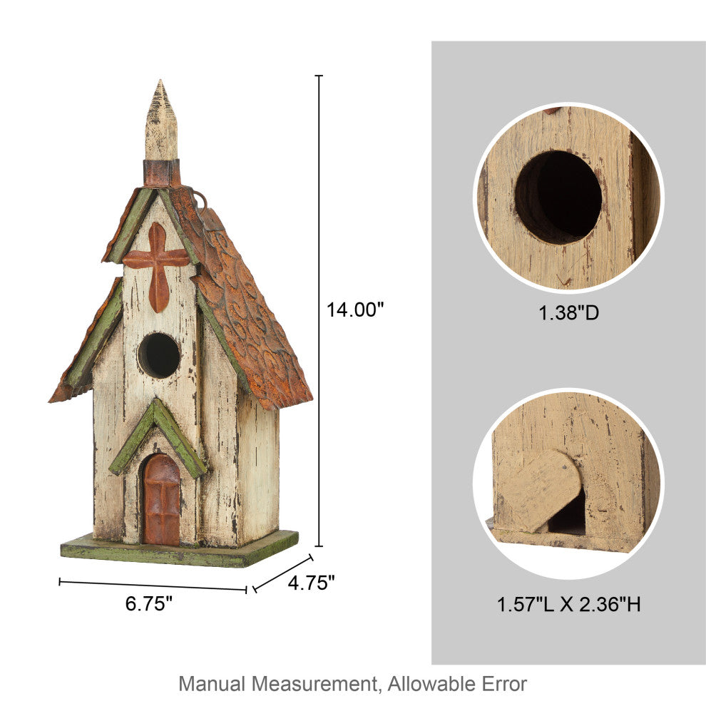 Rustic Garden Distressed Wooden Church Birdhouse, Cross