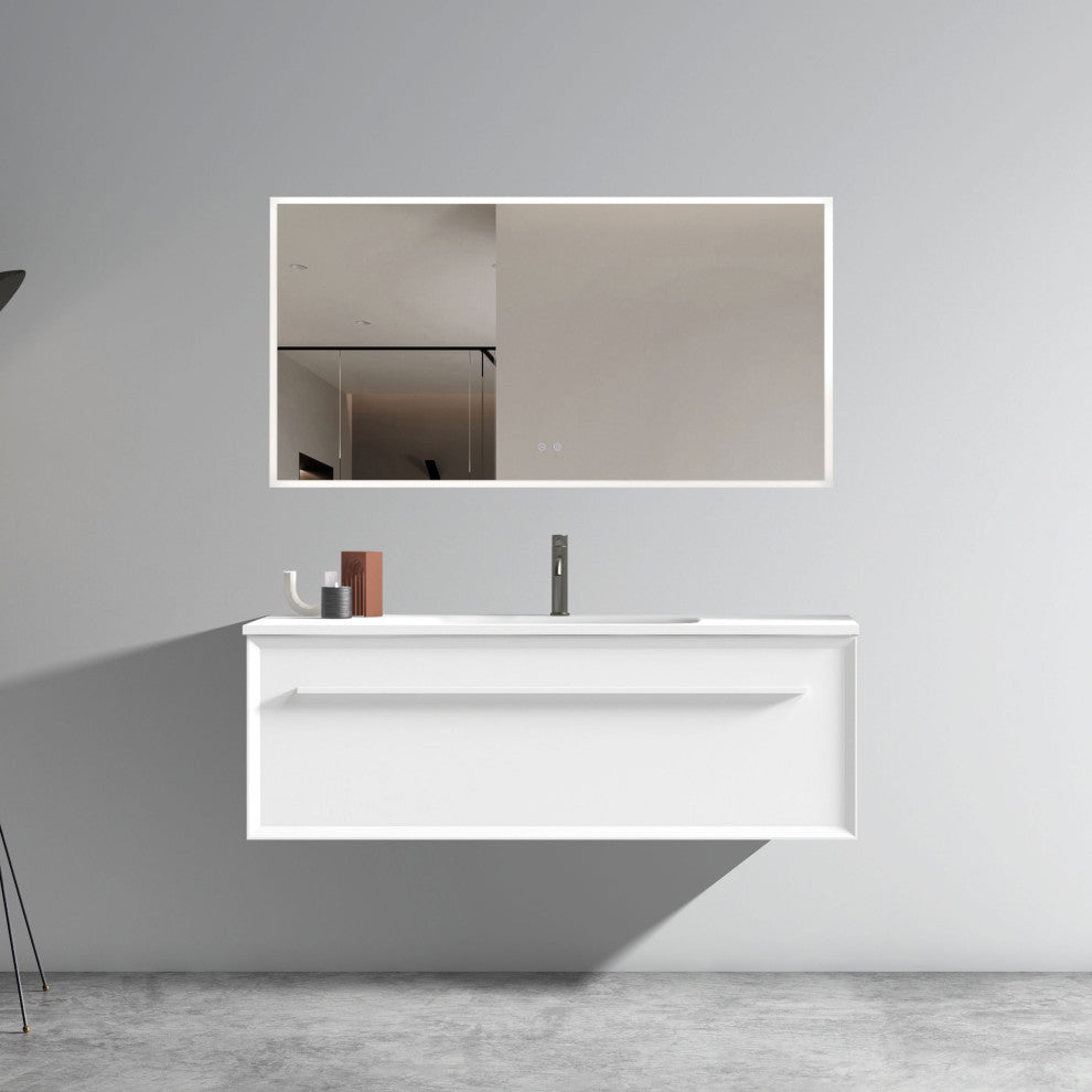 Nevia Wall Mounted Floating Bathroom Vanity with White Solid Surface Sink, 48"
