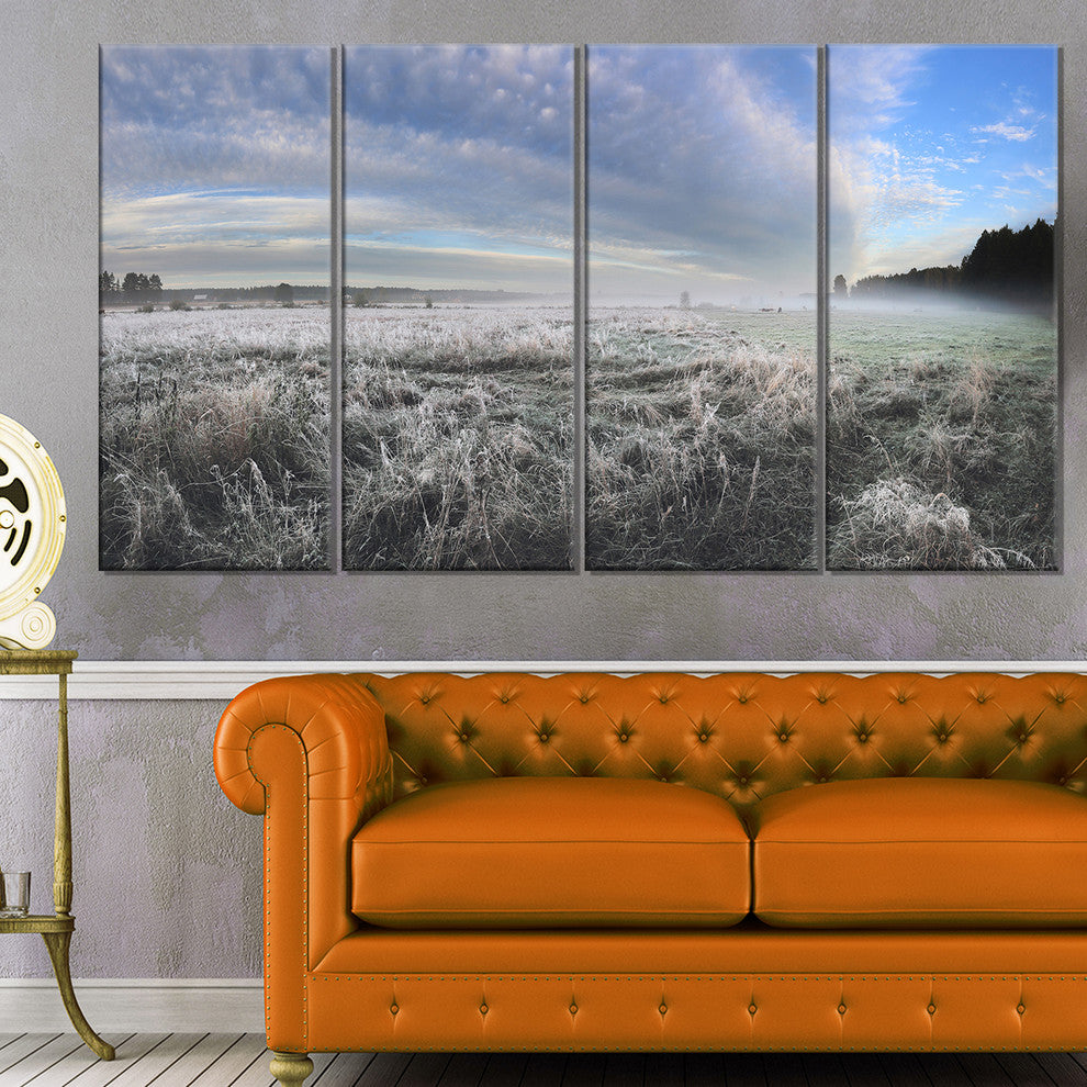 "Hoarfrost On Grass Under Cloudy Sky" Landscape Wall Art, 4 Panels, 48"x28"