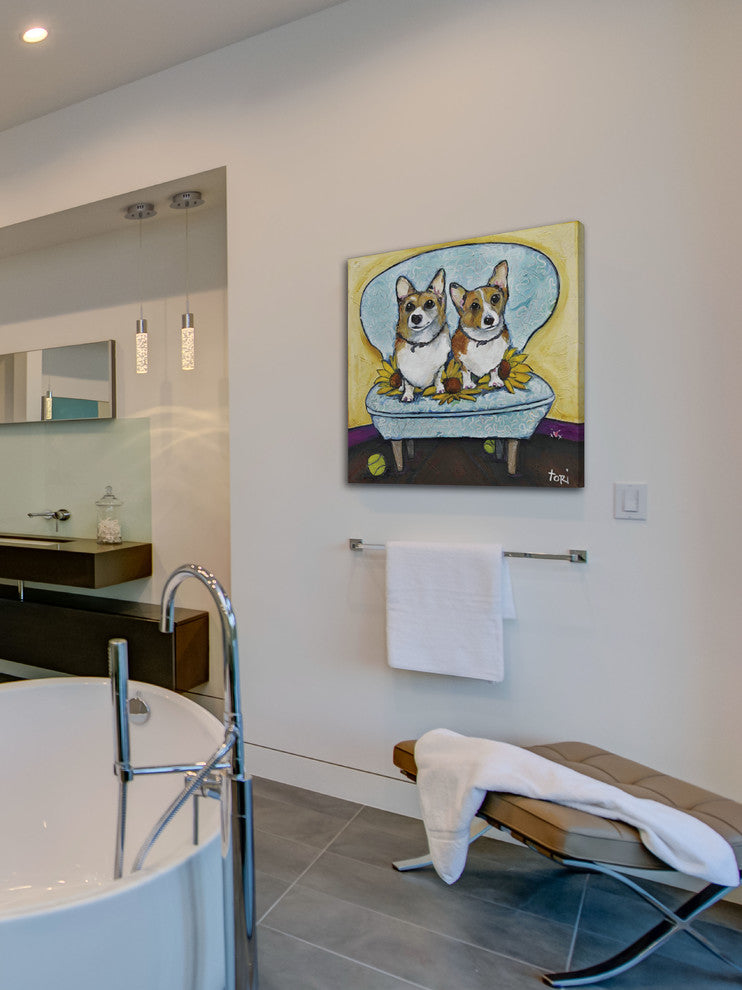 "Corgi's In Chai" Painting Print on Canvas by Tori Campisi