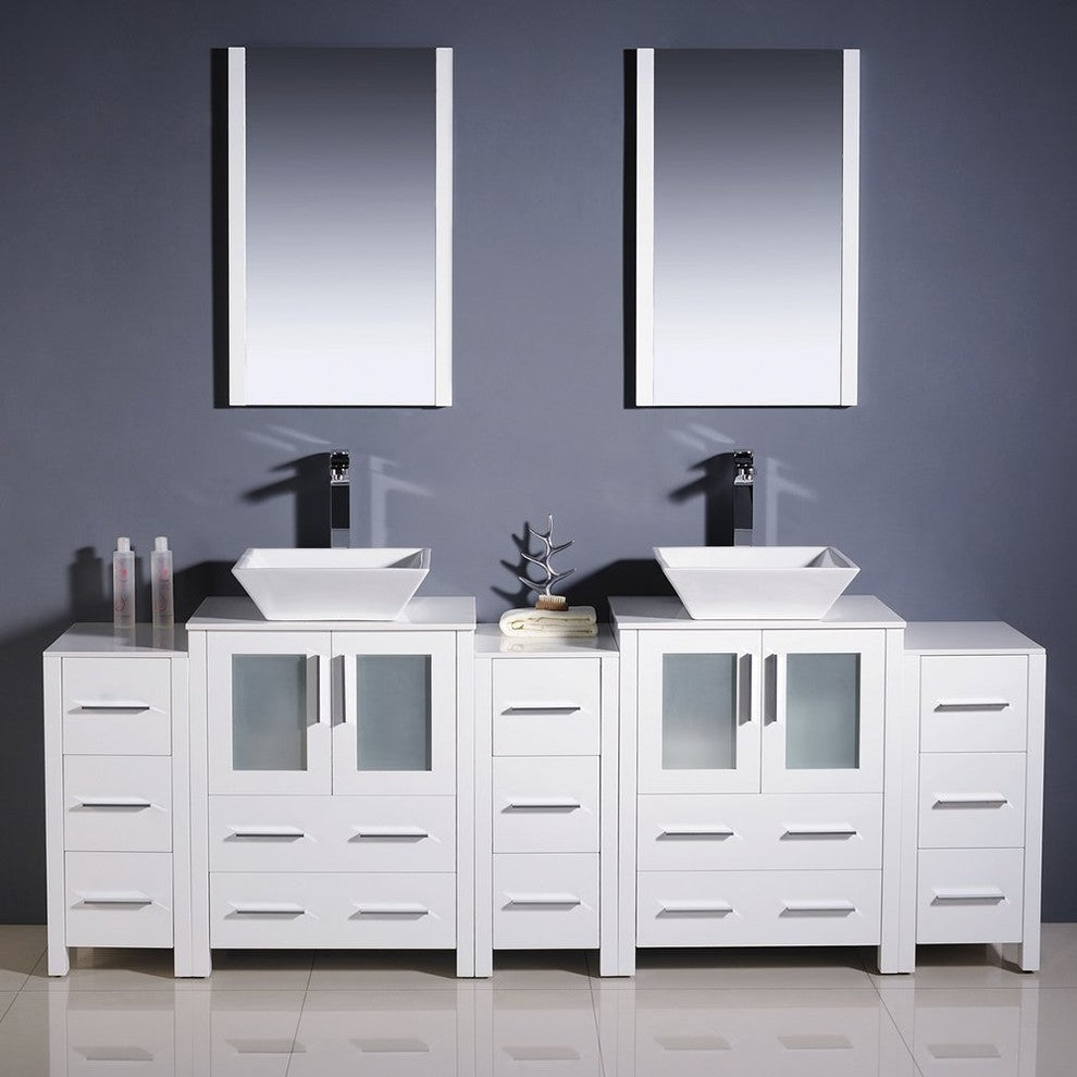 Torino 84" White Modern Double Sink Bathroom Vanity, Faucet FFT3112CH