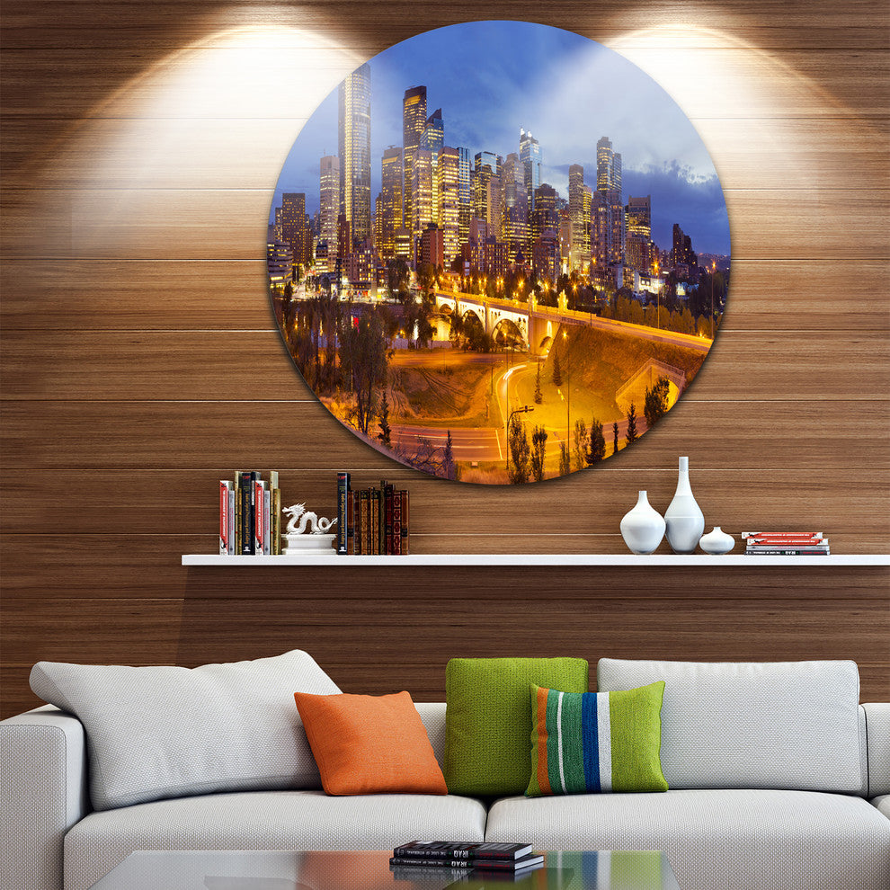 Skyline Of Calgary At Night Panorama, Cityscape Round Wall Art, 11"