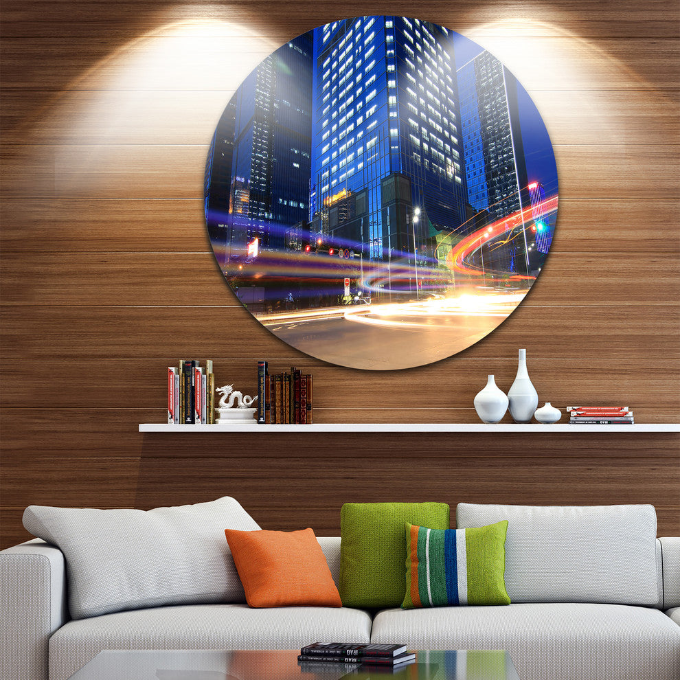 Light Trails In Blue City, Cityscape Digital Disc Metal Wall Art, 11"