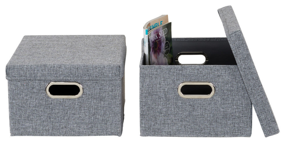 Storage Bins With Lids and Chromed Grommet Handles, Gray