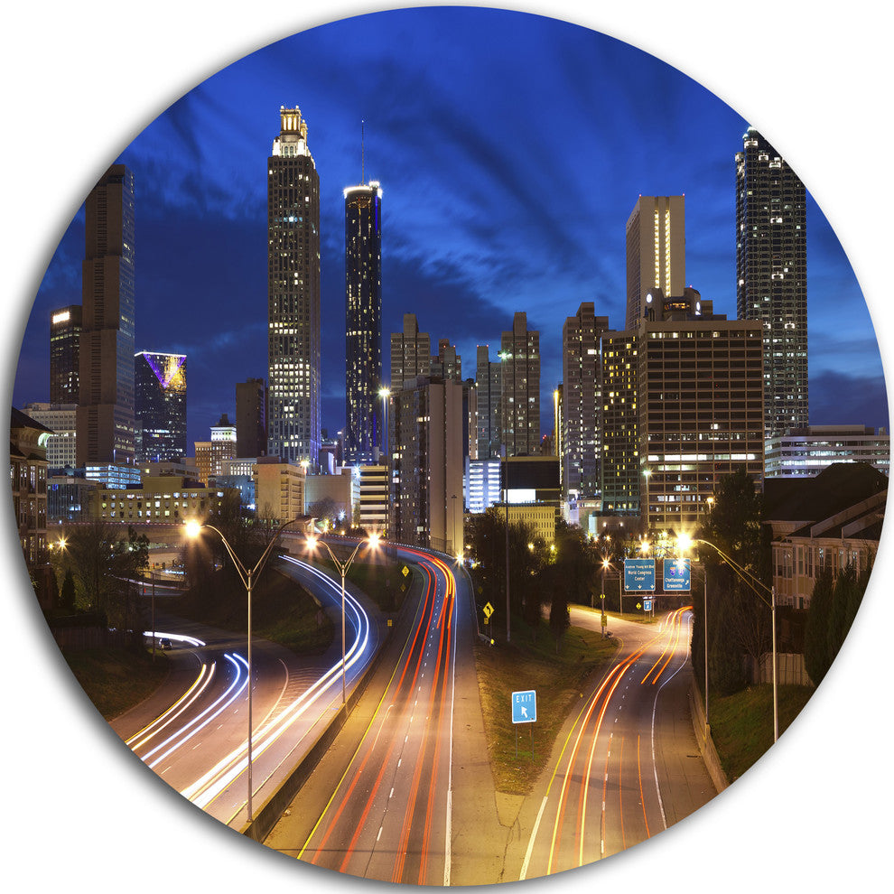 Atlanta Skyline Twilight Blue Hour, Cityscape Disc Metal Wall Art, 36"