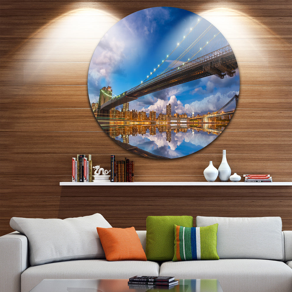 Sunset Over Brooklyn Bridge, Cityscape Photo Round Metal Wall Art, 36"