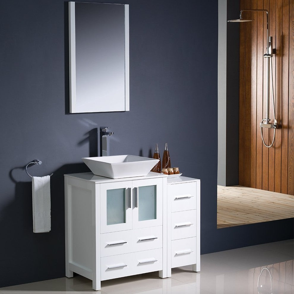 Torino 36" White Modern Bathroom Vanity With Side Cabinet, FFT9152BN