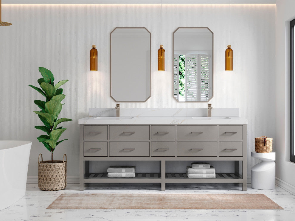 Parker 84" Double Sink Bath Vanity, Elephant Skin Gray 2" Calacatta Sienna