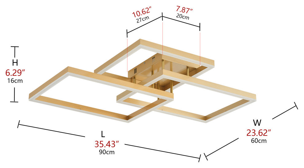 Classic 3-Rectangle Dimmable LED Semi Flush Mount Ceiling Light