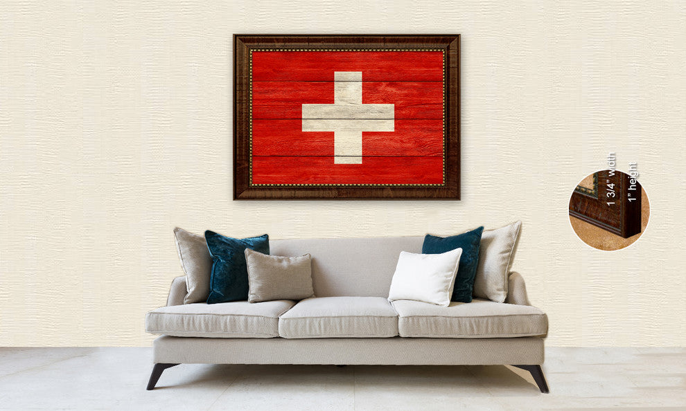 Switzerland Country Textured Flag Print With Brown Gold Frame, 19"X27"