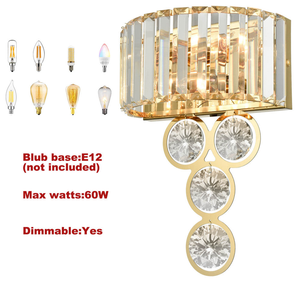Modern 2-Light Gold Crystal Wall Sconce