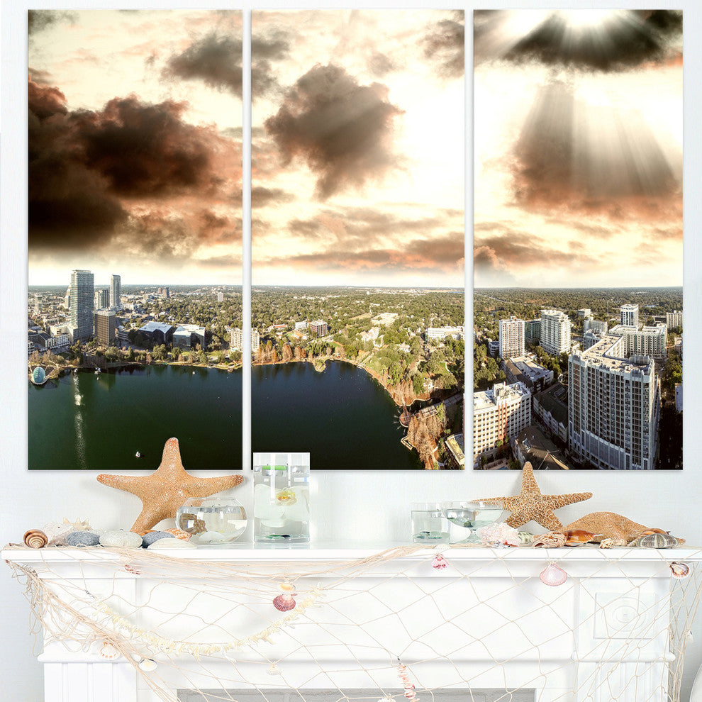 "Downtown Orlando Sunset Aerial" Metal Wall Art, 3 Panels, 36"x28"