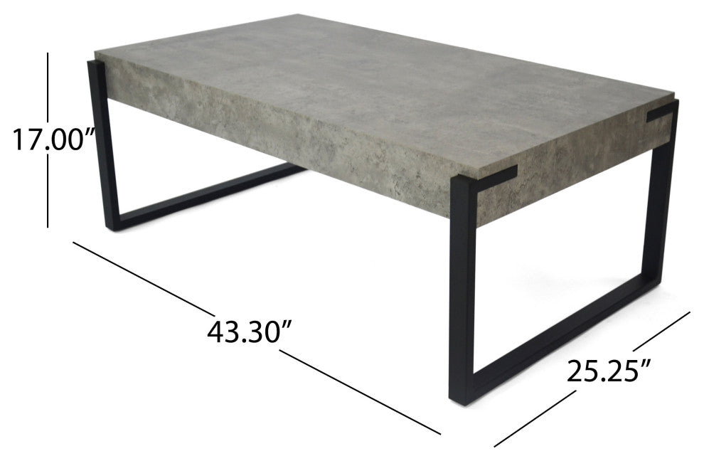 GDF Studio Shaw Industrial Faux Wood Coffee Table With Iron Legs, Light Concrete