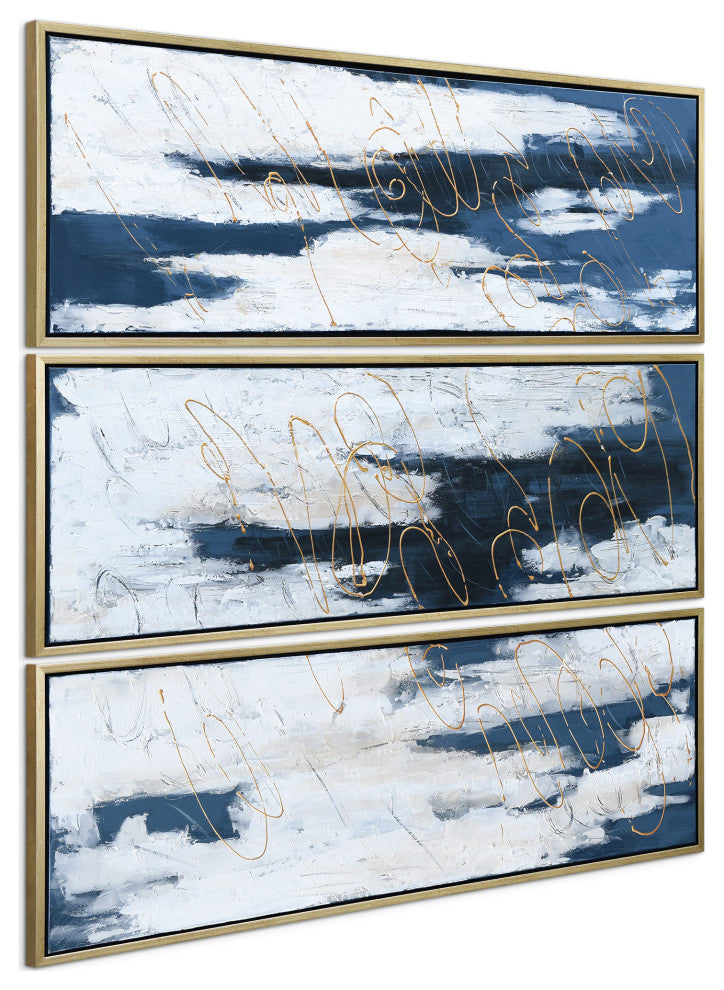 Blue Abstract Triptych Set Textured Metallic Hand Painted Wall Art