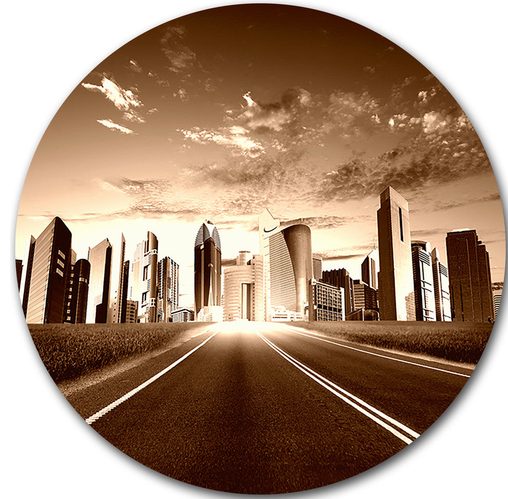 Modern City And Road, Cityscape Round Metal Wall Art, 11"