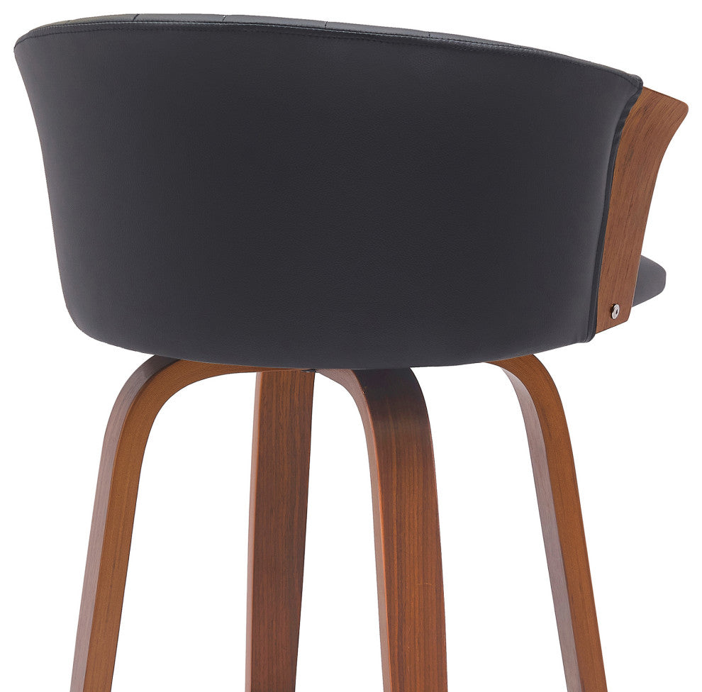 Diana Swivel Walnut Wood Counter Stool, Black Faux Leather, 26"