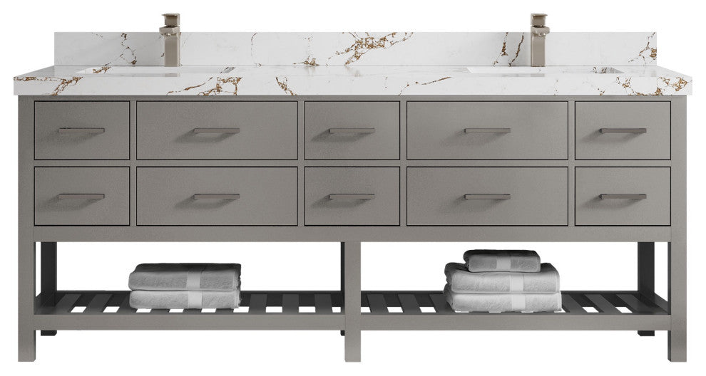 Parker 84" Double Sink Bath Vanity, Elephant Skin Gray 2" Viola Brown