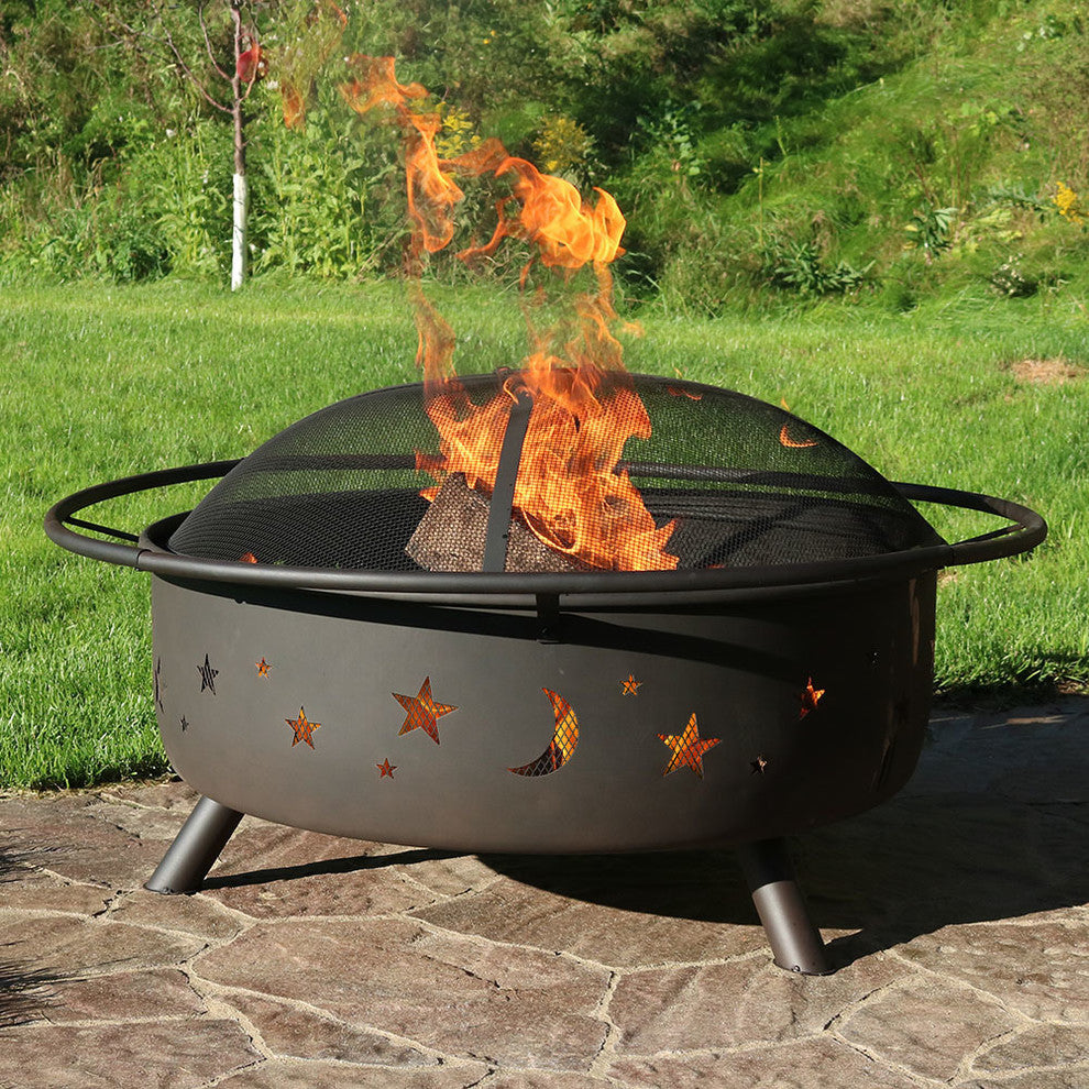 Sunnydaze 42" Fire Pit Steel Cosmic Design with Spark Screen and Firewood Poker