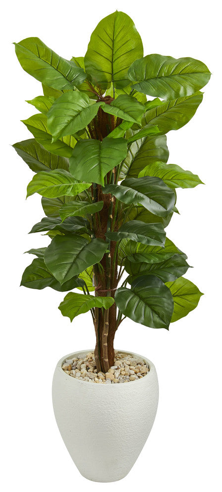 5' Large Leaf Philodendron Artificial Plant, White Oval Planter, Real Touch