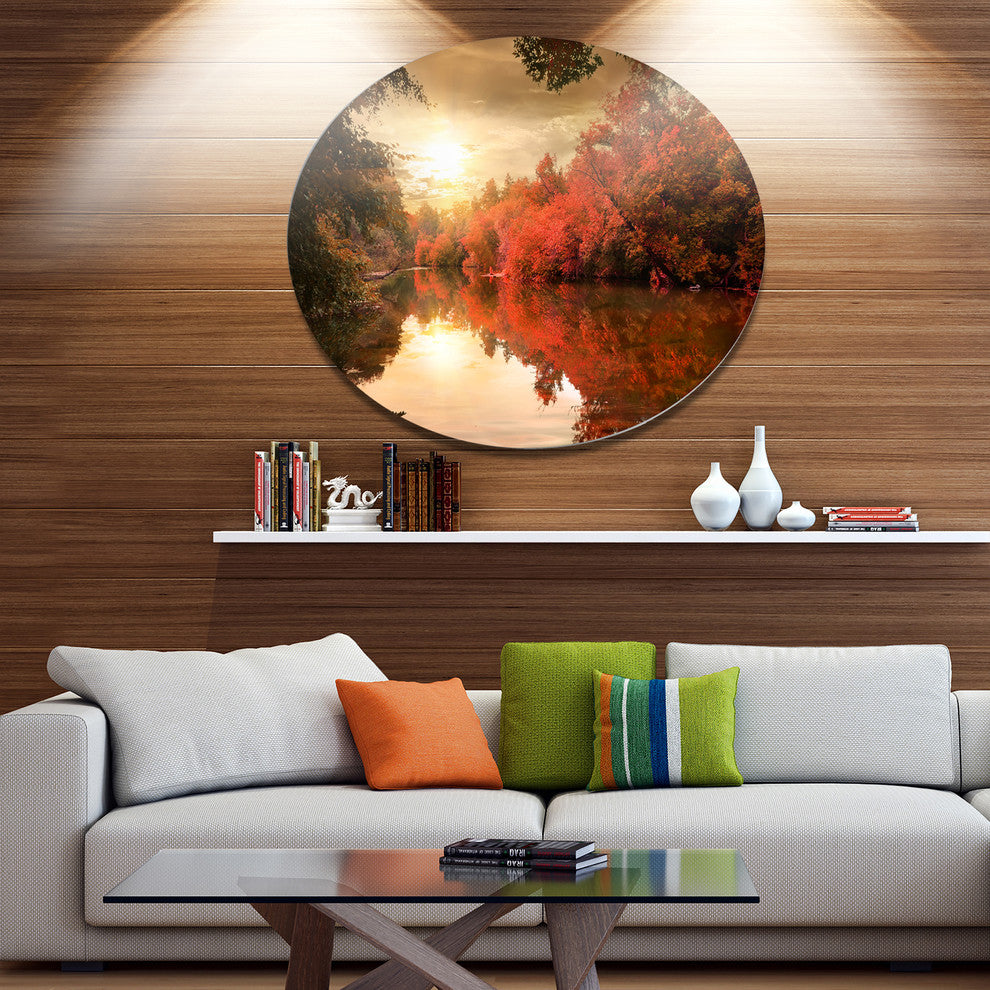 Colorful Fall Sunset Over River, Landscape Round Wall Art, 11"