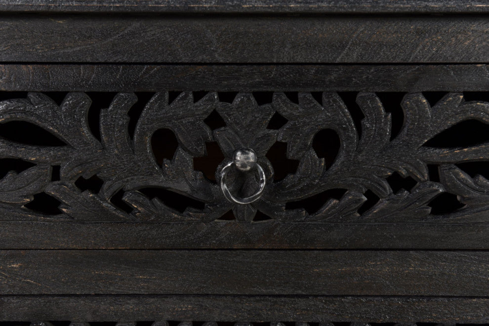 Delaney 3 Drawer Carved Nightstand, Distressed Black