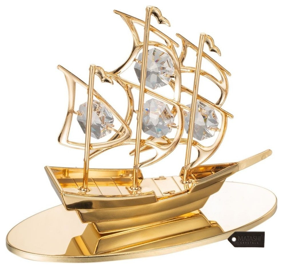 24K Gold Plated Crystal Studded Mayflower Sailing Ship Ornament