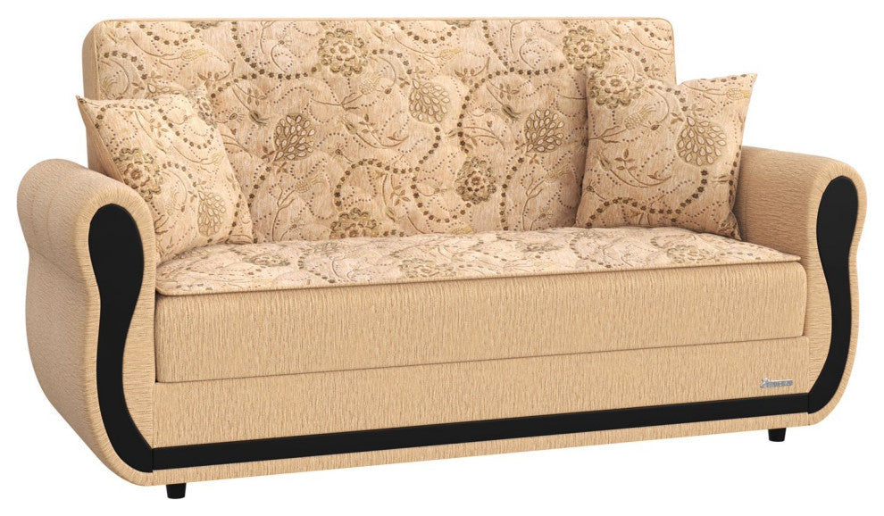 Convertible Loveseat, Padded Chenille Fabric Seat With Floral Pattern, Beige