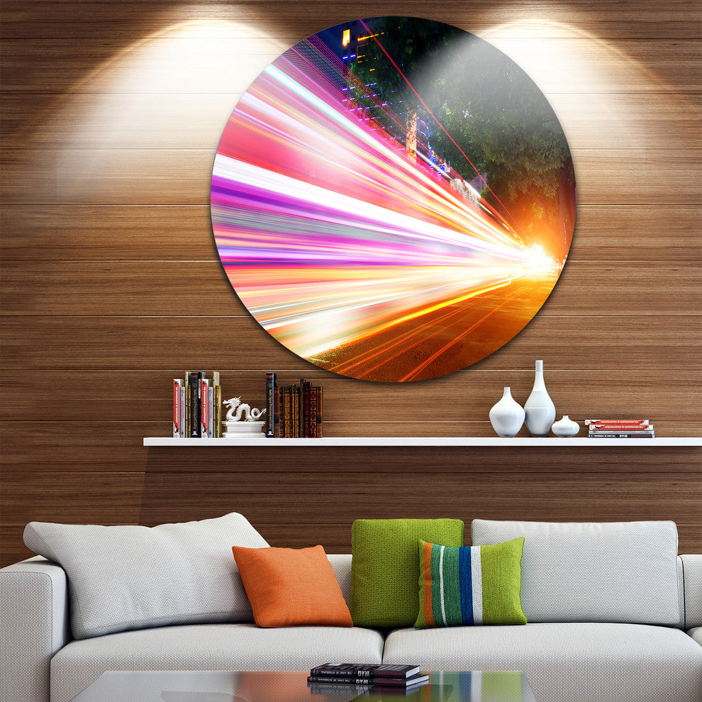 Expressway Light Trails, Cityscape Photo Round Metal Wall Art, 11"