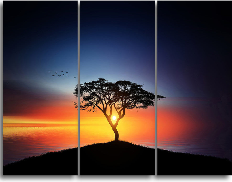 "Beautiful Sunset Over Lonely Tree" Metal Landscape, 3 Panels, 36"x28"