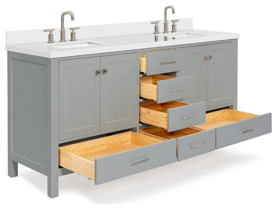 ARIEL Cambridge 73" Double Rectangle Sink Bathroom Vanity Grey with Quartz Top