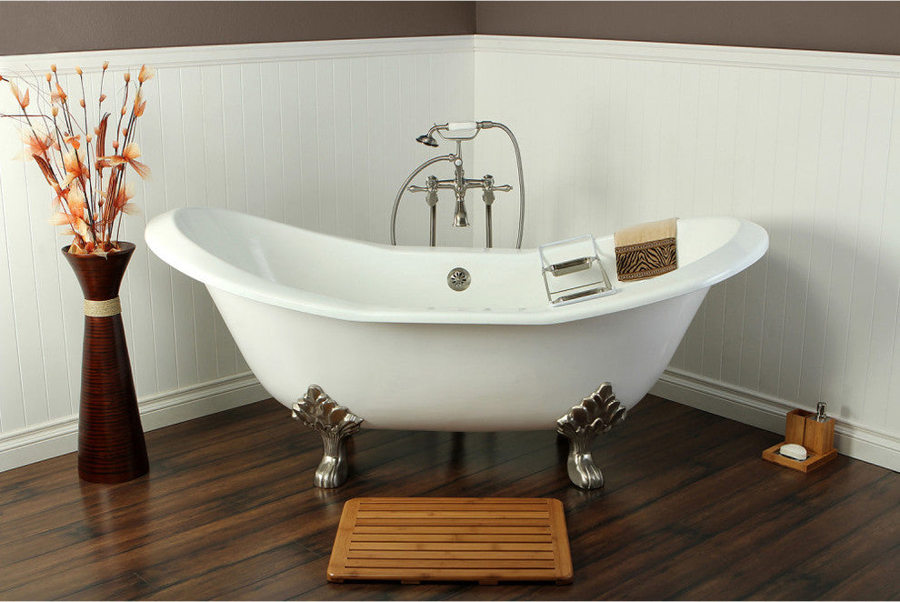 72" Double Slipper Clawfoot Tub No Faucet Drillings, White/Brushed Nickel