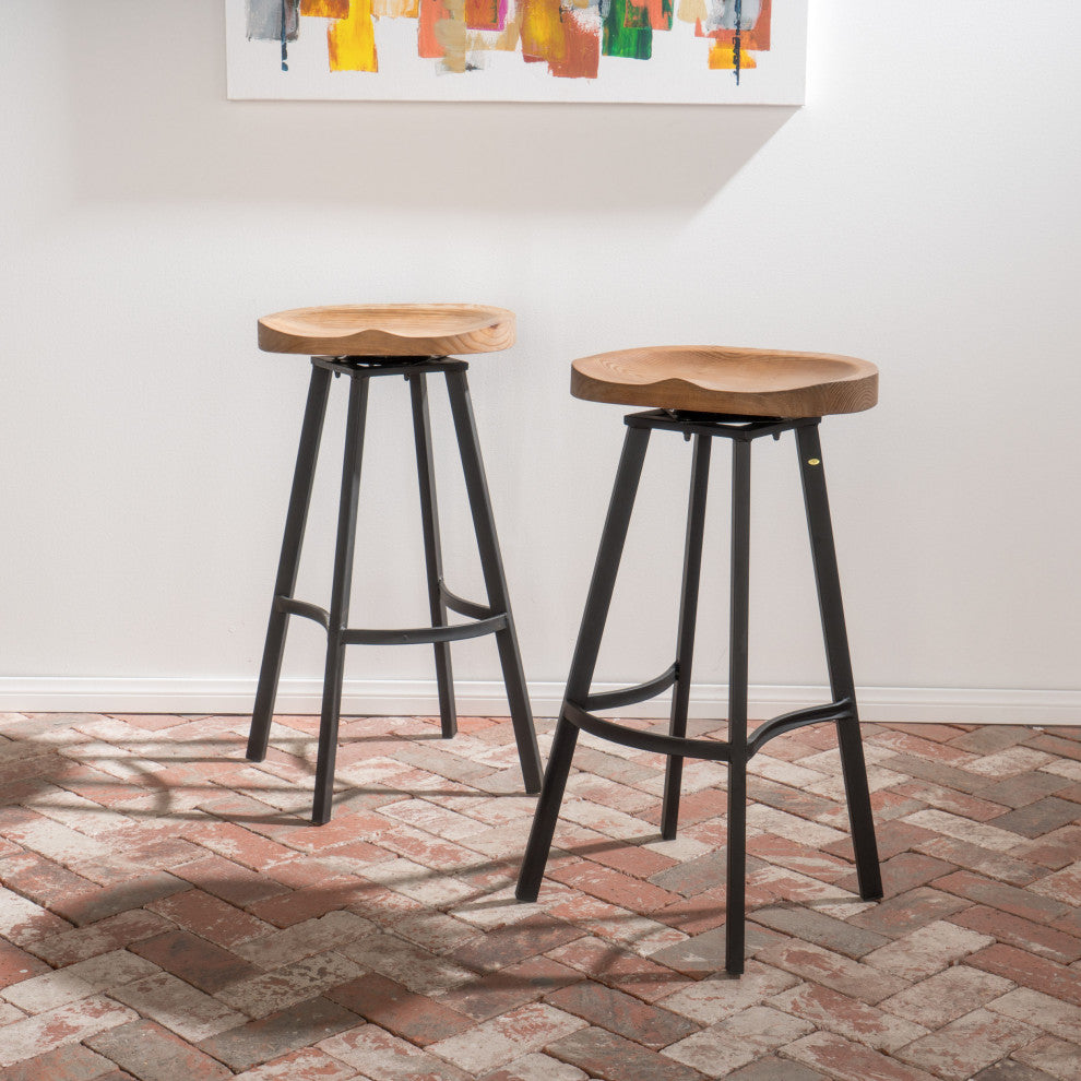 GDF Studio Shea Rustic Wood and Iron Swivel Bar Stool, Set of 2