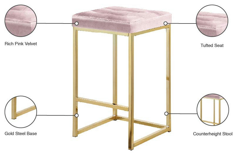 Nicola Counter Stool, Set of 2, Pink, Velvet, Gold Base
