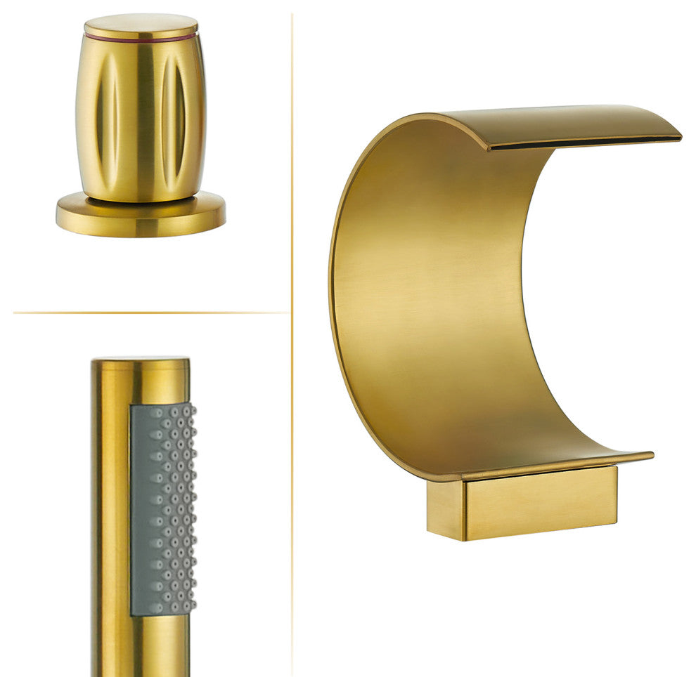 Recea Triple Handle Deck-Mount Roman Tub Faucet With Diverter and Handshower, Brushed Gold