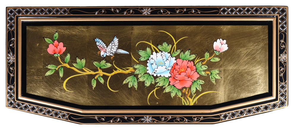 Slant Front Gold Leaf Hand-Painted Bird and Flower 2-Door Cabinet