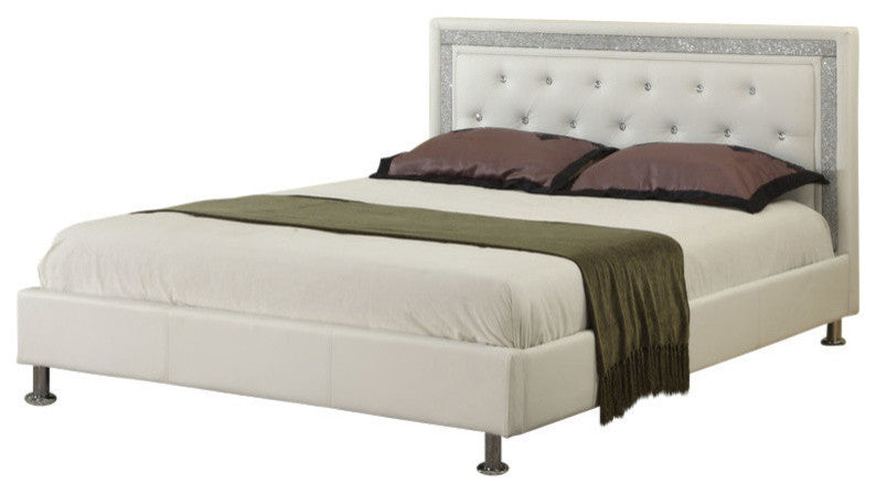 Modern Platform Bed With Crystal Tufted Buttons, White, Queen