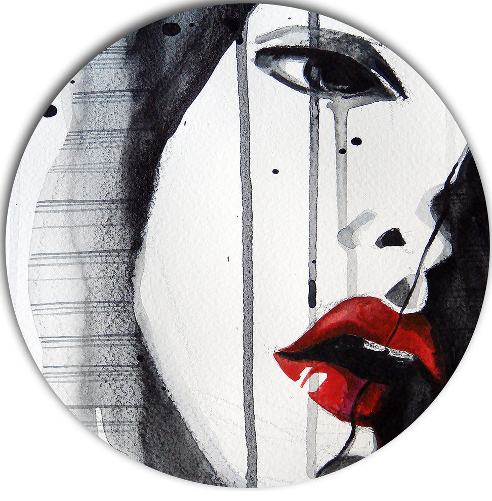 Black Illustrated Girl Close-Up, Portrait Painting Round Wall Art, 11"