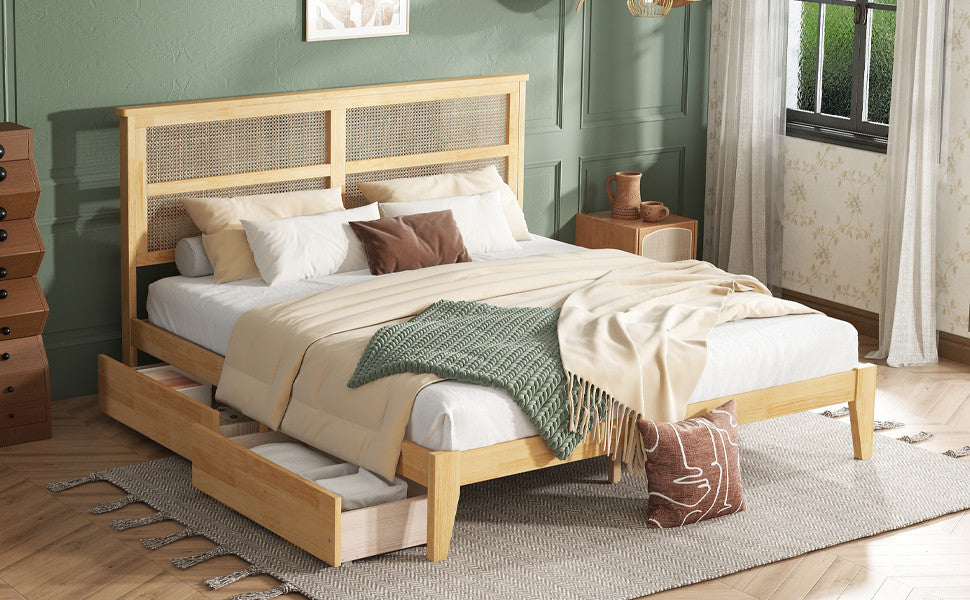 GDF Studio King Size Platform Bed, Rattan Headboard & Storage Drawers, White Oak