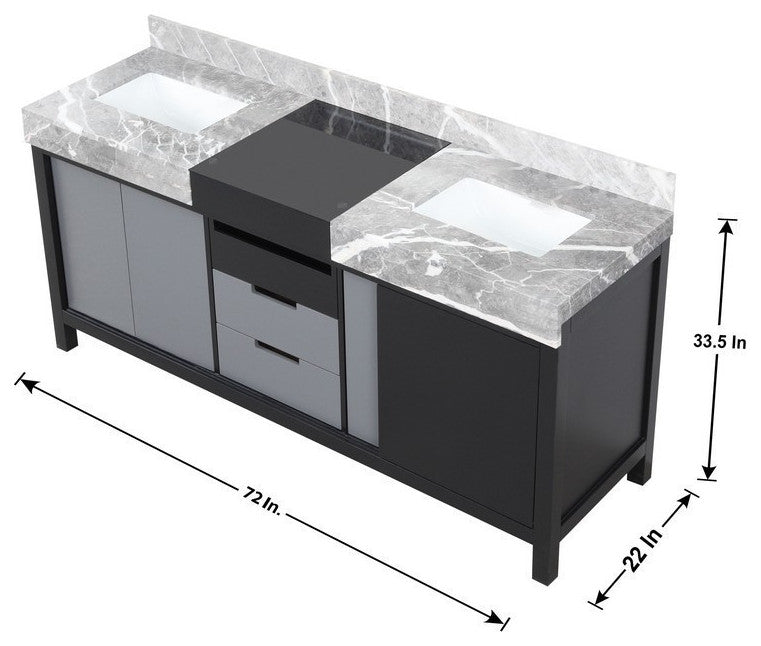 Zilara 72" Black and Grey Double Vanity, Castle Grey Marble Tops