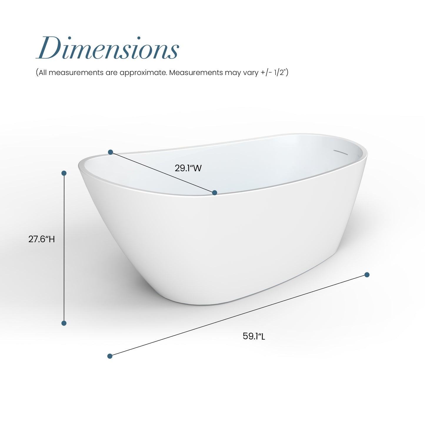 Lahore Freestanding Acrylic Soaking Bathtub, White, 59.1"l X 29.1"w