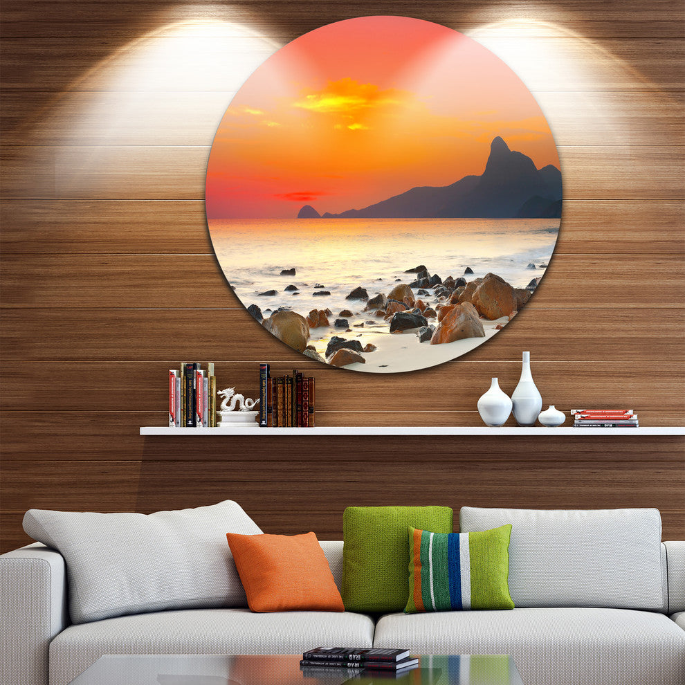 Rocky Seashore Under Colorful Sky, Seascape Disc Metal Artwork, 38"