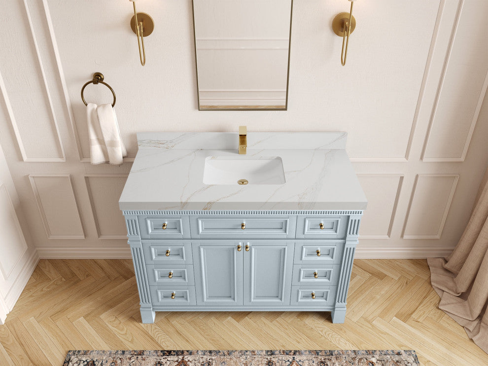 Paris 48" Single Sink Bathroom Vanity, Blue Heather 2" Calacatta Sienna